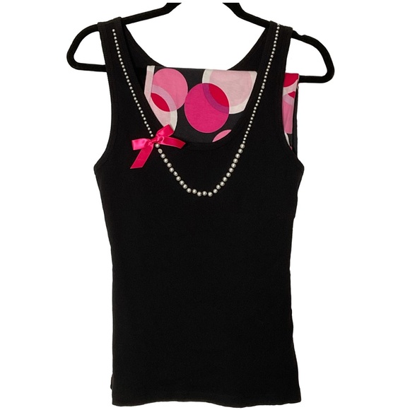 Victoria’s Secret PJ Set; Black Ribbed Tank Faux Pearls/Bow; Pink Circle Pants M - Picture 1 of 16